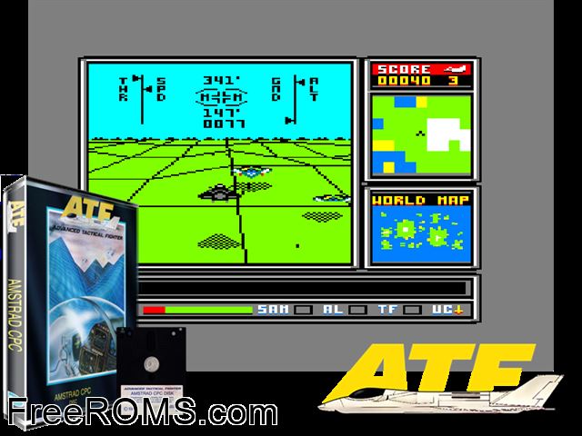 Advanced Tactical Fighter (UK) (1986) Amstrad CPC game showing 3D box cover and gameplay screenshot