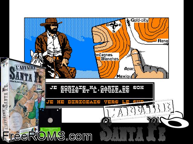 Affaire Santa Fe, L' (F) (1988) (Disk 1 of 2) Amstrad CPC game showing 3D box cover and gameplay screenshot