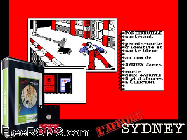 Affaire Sydney, L' (F) (1986) Amstrad CPC game showing 3D box cover and gameplay screenshot