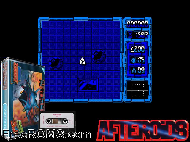 Afteroids (S) (1988) Amstrad CPC game showing 3D box cover and gameplay screenshot