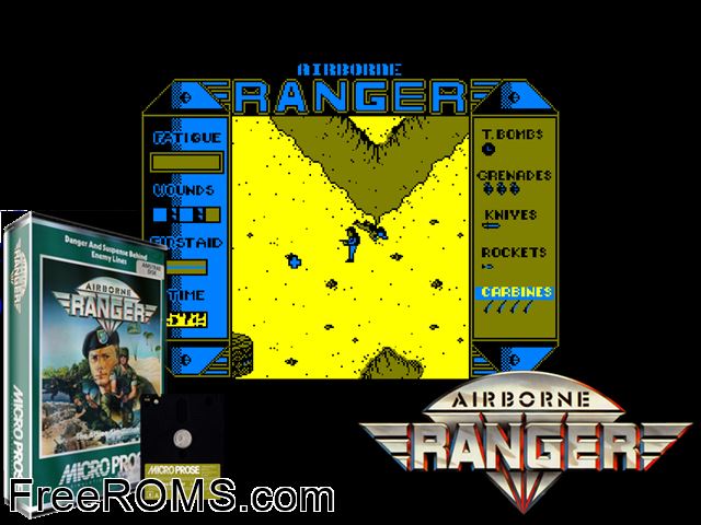 Airborne Ranger (UK) (1988) (Disk 2 of 2) Amstrad CPC game showing 3D box cover and gameplay screenshot