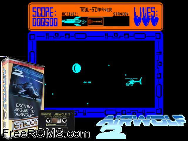 Airwolf 2 (UK) (1987) Amstrad CPC game showing 3D box cover and gameplay screenshot