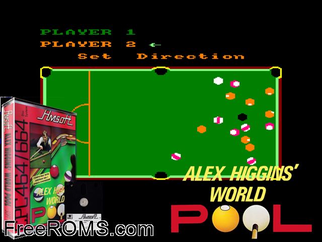 Alex Higgin's World Pool (UK) (1985) Amstrad CPC game showing 3D box cover and gameplay screenshot