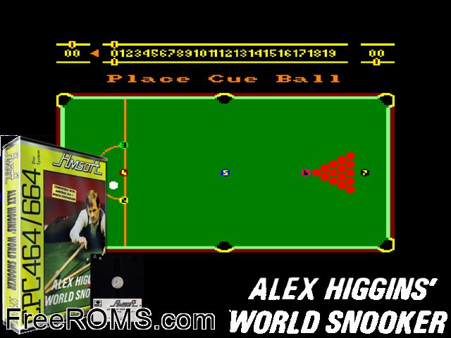 Alex Higgin's World Snooker (UK) (1985) Amstrad CPC game showing 3D box cover and gameplay screenshot