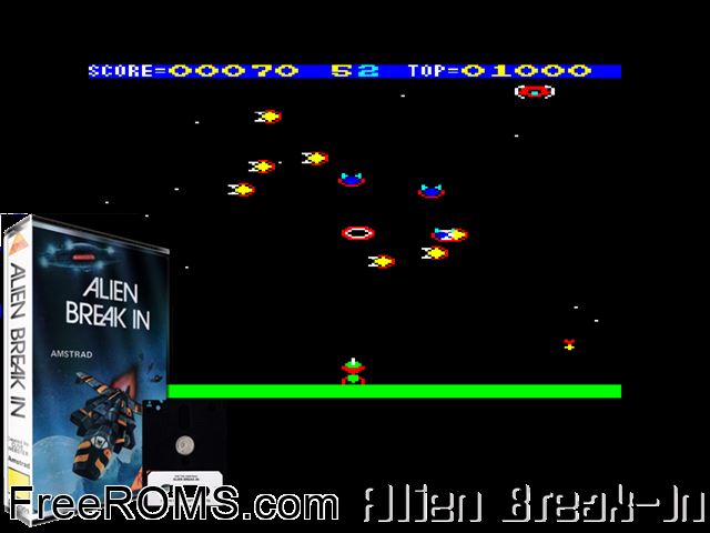 Alien Break-In (UK) (1985) Amstrad CPC game showing 3D box cover and gameplay screenshot