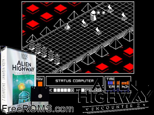 Alien Highway - Highway Encounter 2 (UK) (1986) Amstrad CPC game showing 3D box cover and gameplay screenshot