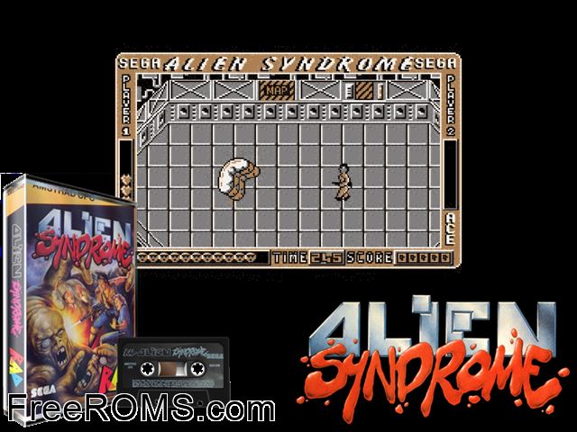 Alien Syndrome (UK) (1987) Amstrad CPC game showing 3D box cover and gameplay screenshot