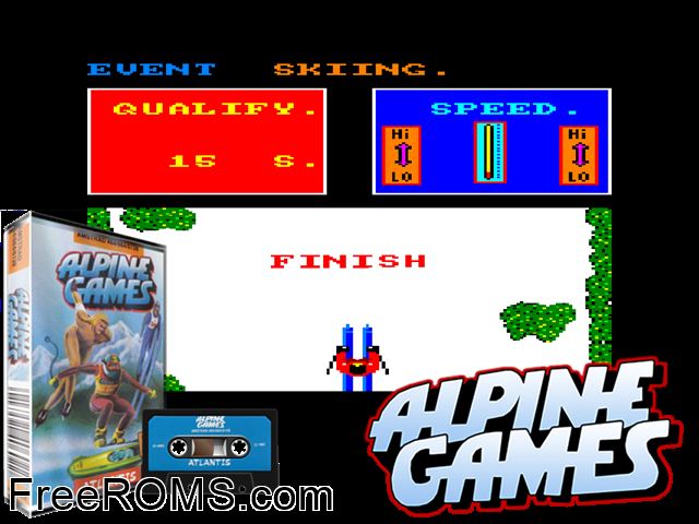Alpine Games (UK) (1987) Amstrad CPC game showing 3D box cover and gameplay screenshot