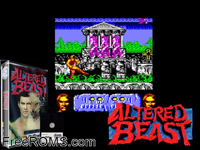 Altered Beast (UK) (1989) (Disk 1 of 2) Amstrad CPC game showing 3D box cover and gameplay screenshot