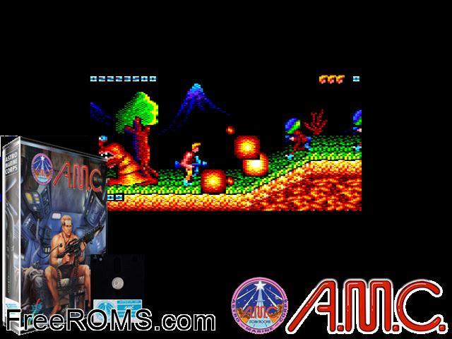 AMC - Astro Marine Corps (S) (1989) Amstrad CPC game showing 3D box cover and gameplay screenshot