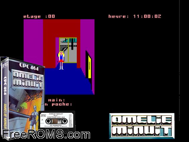 Amelie Minuit (F) (1985) Amstrad CPC game showing 3D box cover and gameplay screenshot