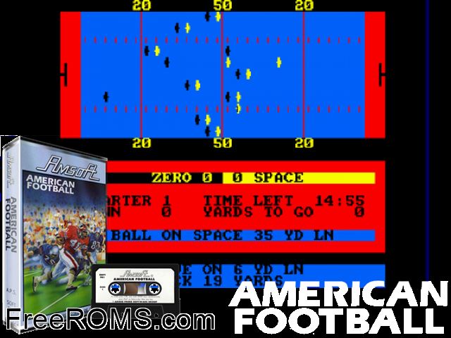 American Football (UK) (1984) Amstrad CPC game showing 3D box cover and gameplay screenshot
