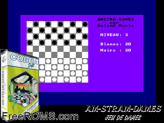 Amstra' Dames (F) (1985) Amstrad CPC game showing 3D box cover and gameplay screenshot