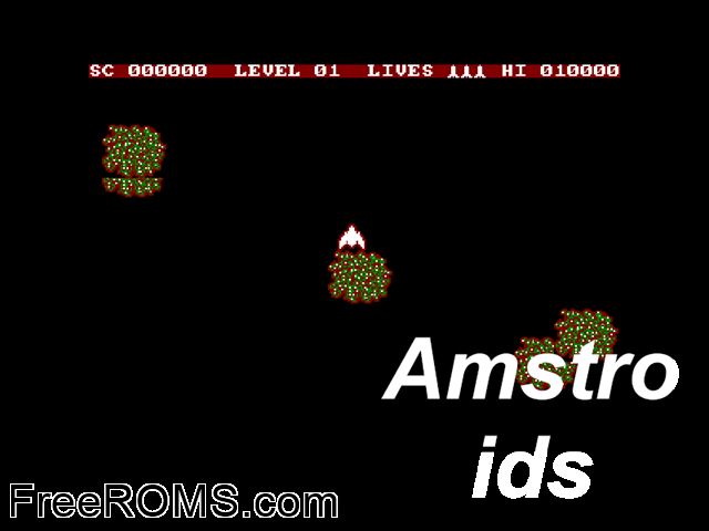 Amstroids (UK) (1985) Amstrad CPC game showing 3D box cover and gameplay screenshot