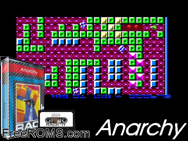 Anarchy (UK) (1988) Amstrad CPC game showing 3D box cover and gameplay screenshot