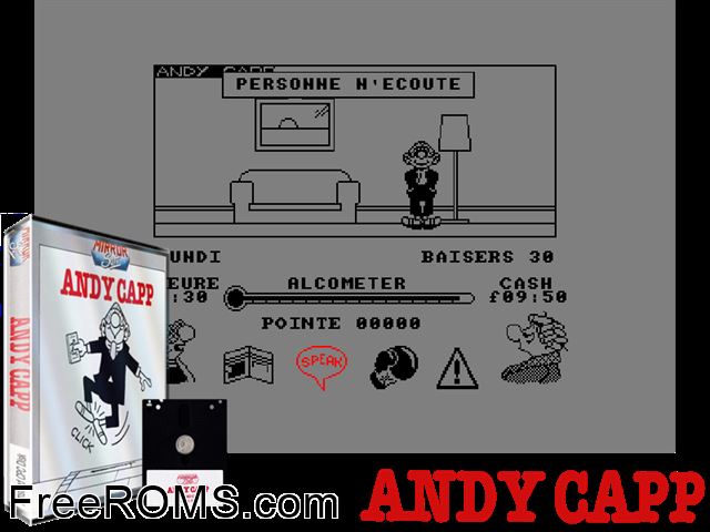 Andy Capp (F) (1987) Amstrad CPC game showing 3D box cover and gameplay screenshot