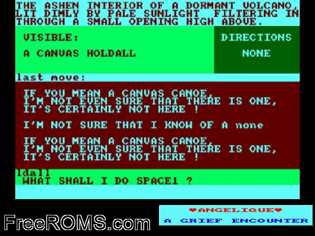 Angelique - A Grief Encounter (UK) (1985) Amstrad CPC game showing 3D box cover and gameplay screenshot