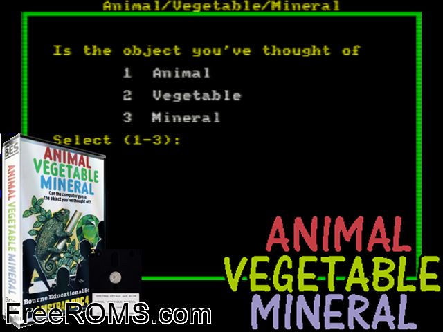 Animal Vegetable Mineral (UK) (1984) Amstrad CPC game showing 3D box cover and gameplay screenshot