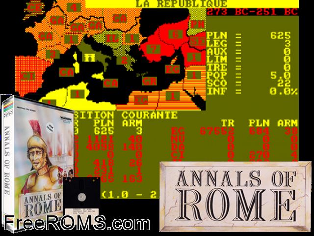 Annals of Rome (F) (1986) Amstrad CPC game showing 3D box cover and gameplay screenshot
