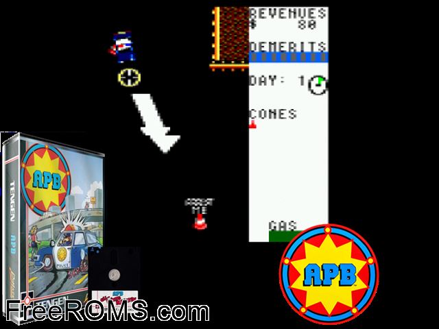 APB - All Points Bulletin (UK) (1989) Amstrad CPC game showing 3D box cover and gameplay screenshot
