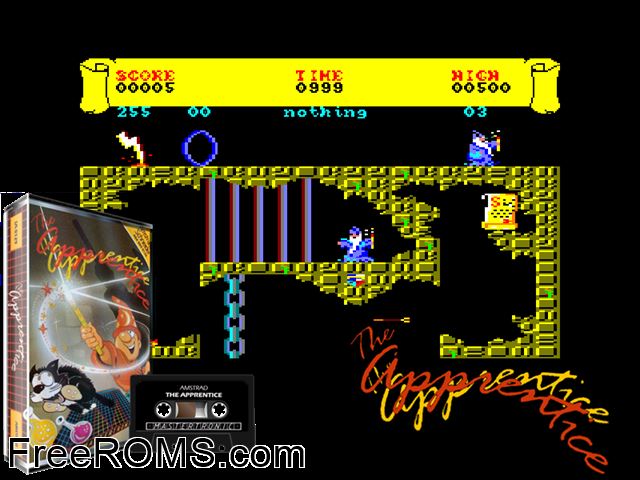 Apprentice, The (UK) (1986) Amstrad CPC game showing 3D box cover and gameplay screenshot