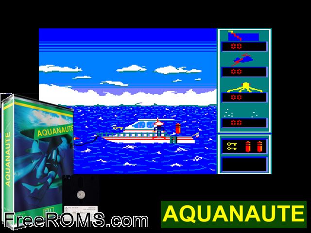 Aquanaute (F) (1988) Amstrad CPC game showing 3D box cover and gameplay screenshot