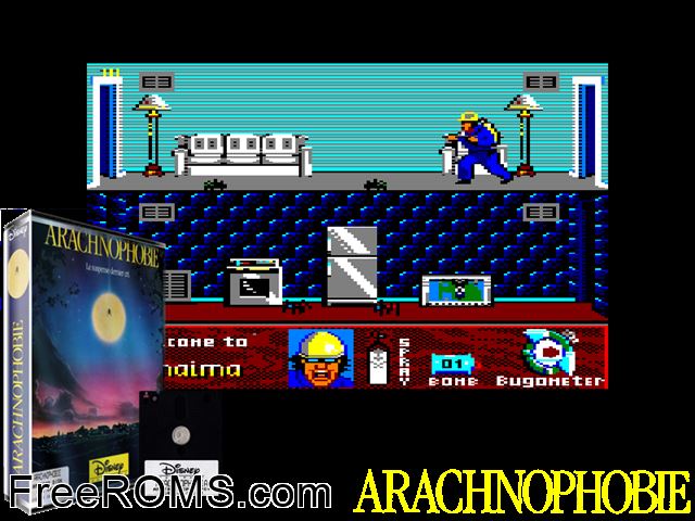 Arachnophobia (UK,F,S,NL,I) (19xx) (Disk 1 of 2) Amstrad CPC game showing 3D box cover and gameplay screenshot