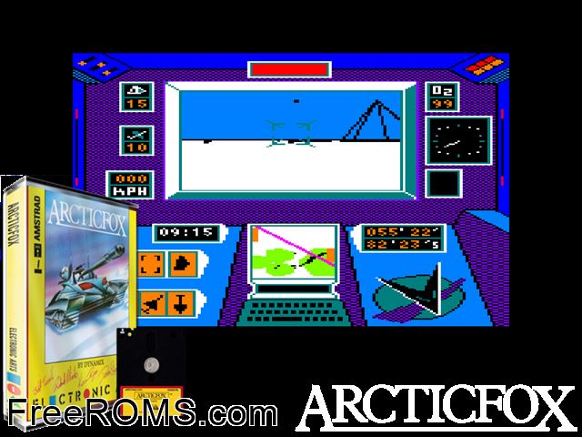 Arctic Fox (UK) (1987) Amstrad CPC game showing 3D box cover and gameplay screenshot