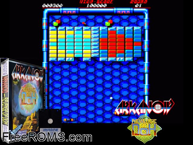 Arkanoid 2 - Revenge of Doh (UK) (1988) Amstrad CPC game showing 3D box cover and gameplay screenshot