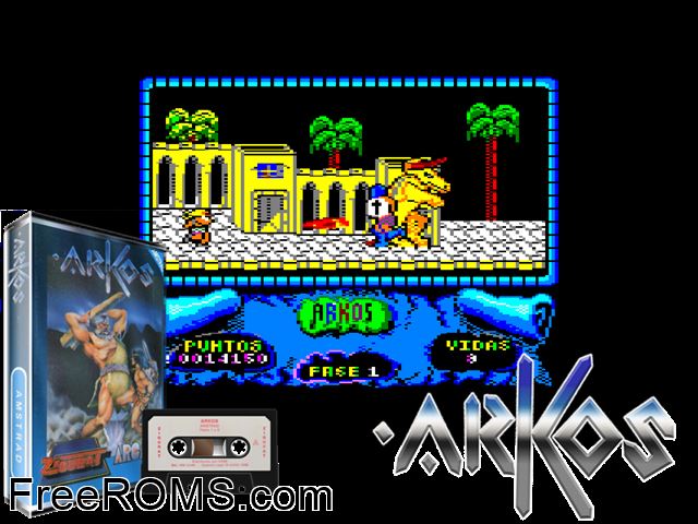 Arkos (S) (1987) Amstrad CPC game showing 3D box cover and gameplay screenshot