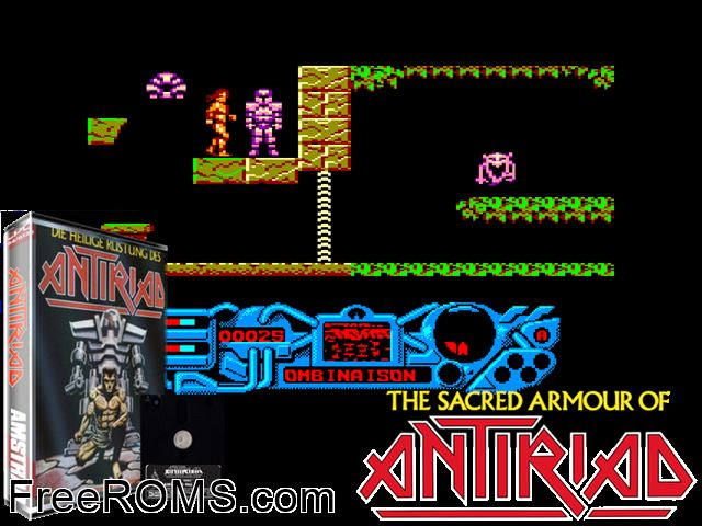 Armadura Sagrada De Antiriad, La (S) (1986) Amstrad CPC game showing 3D box cover and gameplay screenshot