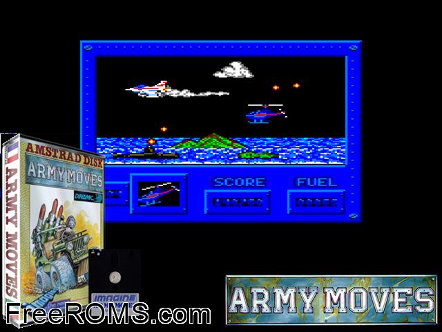 Army Moves (S) (1986) Amstrad CPC game showing 3D box cover and gameplay screenshot