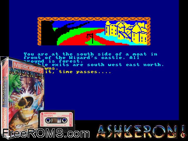Ashkeron (UK) (1985) Amstrad CPC game showing 3D box cover and gameplay screenshot