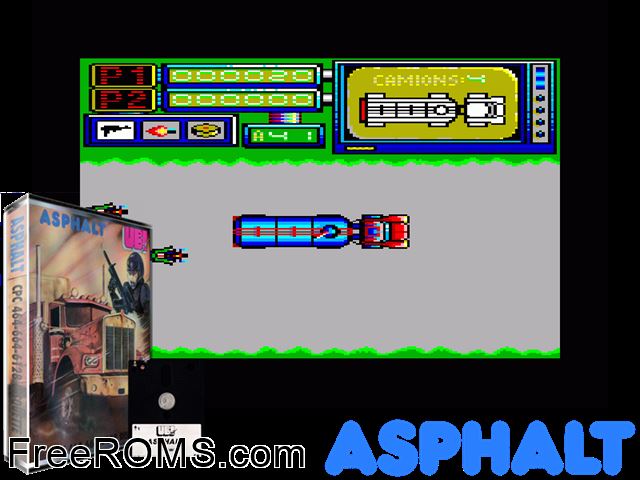 Asphalt (F) (1986) Amstrad CPC game showing 3D box cover and gameplay screenshot