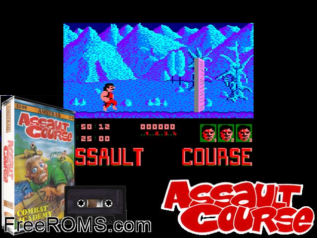 Assault Course (UK) (1990) Amstrad CPC game showing 3D box cover and gameplay screenshot