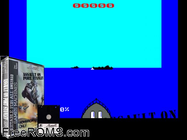 Assault Port Stanley (UK) (1985) Amstrad CPC game showing 3D box cover and gameplay screenshot
