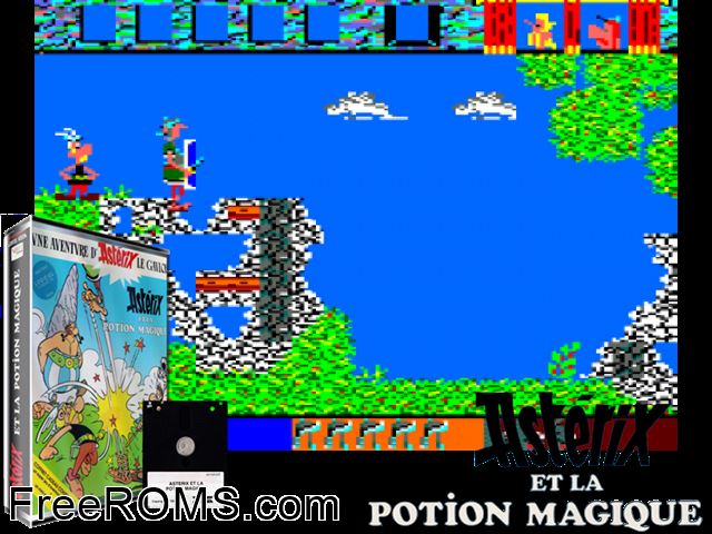 Asterix and La Potion Magique (F) (1988) Amstrad CPC game showing 3D box cover and gameplay screenshot