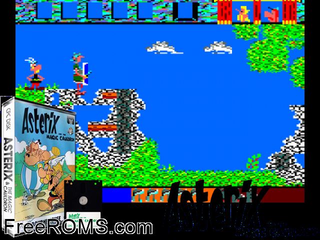 Asterix and The Magic Cauldron (UK) (1987) Amstrad CPC game showing 3D box cover and gameplay screenshot