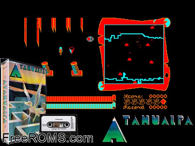 Atahualpa (F) (1985) Amstrad CPC game showing 3D box cover and gameplay screenshot