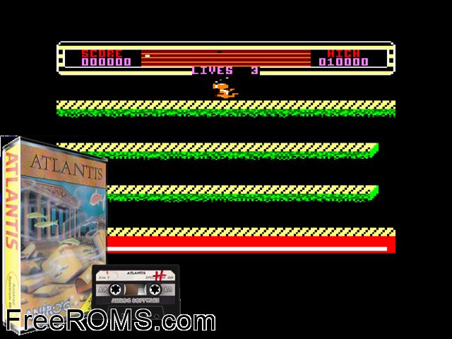 Atlantis (UK) (1985) Amstrad CPC game showing 3D box cover and gameplay screenshot