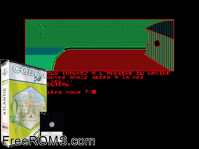 Atlantis Aventure (F) (1988) Amstrad CPC game showing 3D box cover and gameplay screenshot
