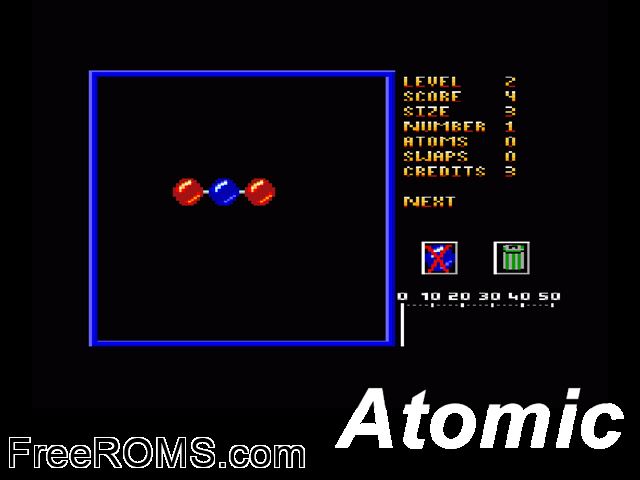 Atomic (UK) (1992) Amstrad CPC game showing 3D box cover and gameplay screenshot