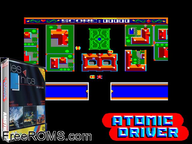 Atomic Driver (F) (1988) Amstrad CPC game showing 3D box cover and gameplay screenshot