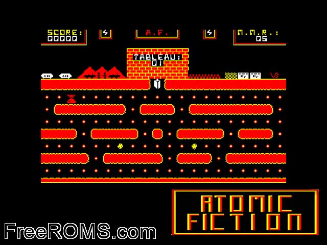 Atomic Fiction (F) (1987) Amstrad CPC game showing 3D box cover and gameplay screenshot