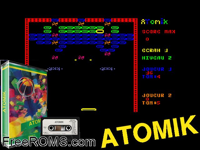 Atomik (F) (1988) Amstrad CPC game showing 3D box cover and gameplay screenshot