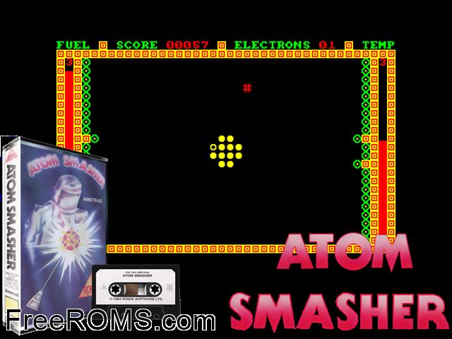 Atom Smasher (UK) (1985) Amstrad CPC game showing 3D box cover and gameplay screenshot