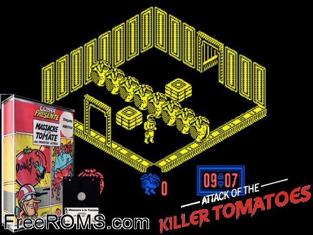 Attack of the Killer Tomatoes (UK) (1986) Amstrad CPC game showing 3D box cover and gameplay screenshot