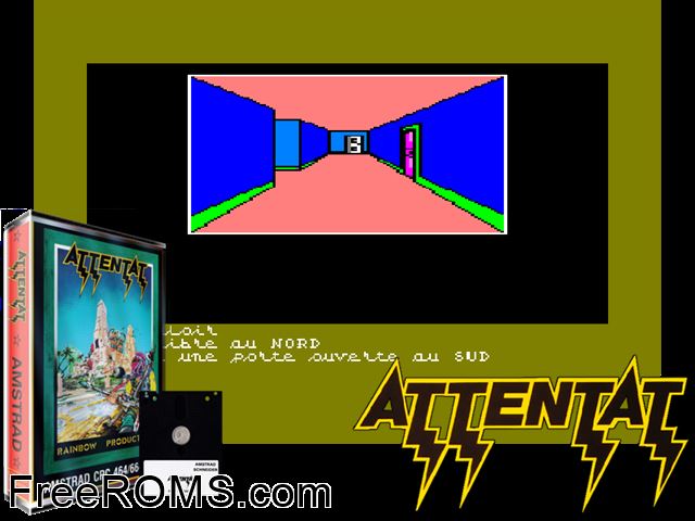 Attentat (F) (1986) (Disk 2 of 2) Amstrad CPC game showing 3D box cover and gameplay screenshot
