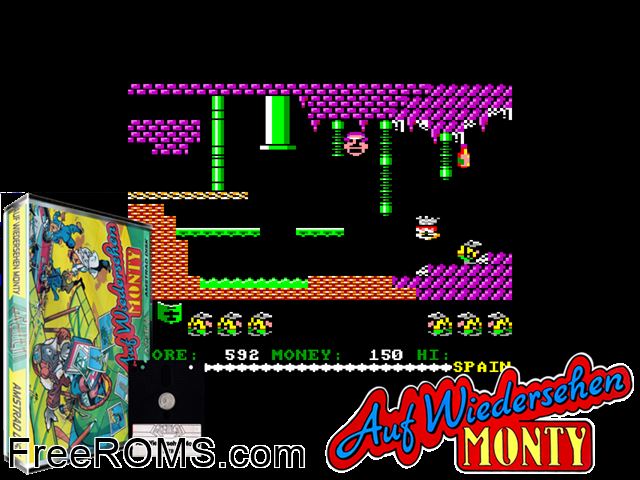 Auf Wiedersehen Monty (UK) (1987) Amstrad CPC game showing 3D box cover and gameplay screenshot