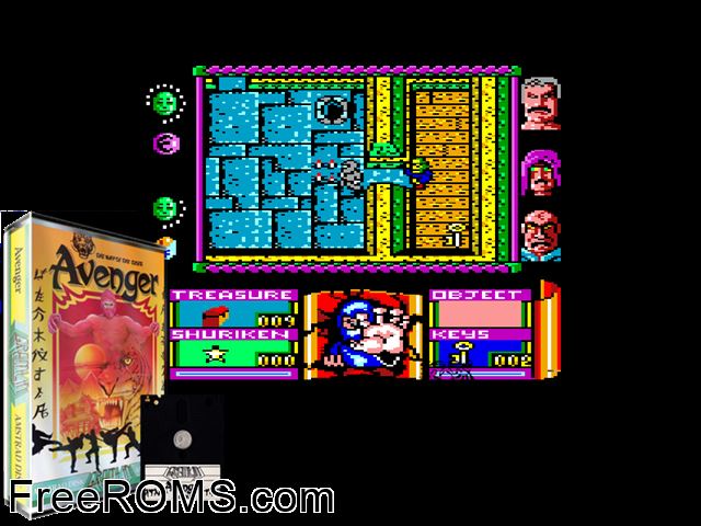 Avenger - Way of the Tiger 2 (UK) (1986) Amstrad CPC game showing 3D box cover and gameplay screenshot